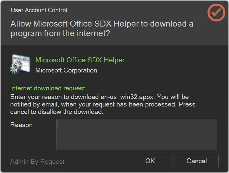 End-user download approval prompt: "Allow Microsoft Office SDX Helper to download a program from the internet?" showing the publisher and a Reason field, with OK and Cancel buttons.